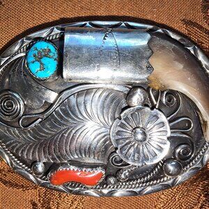 Vintage JW Toadlena Navajo Sterling Turquoise, Coral, & Bear Claw Belt Buckle W/